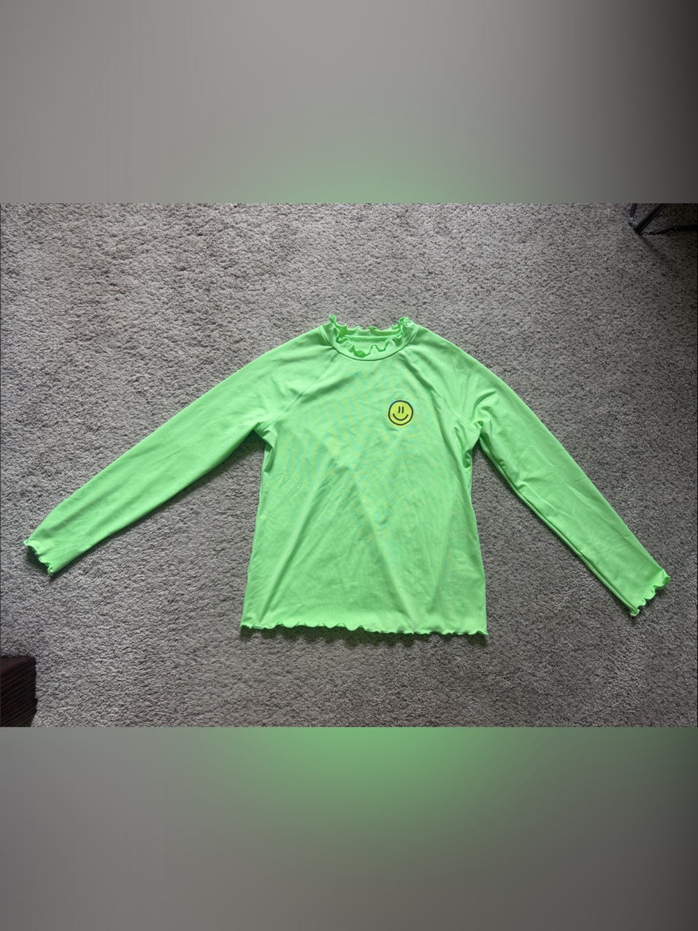 Kids Neon Green Long-Sleeve Ruffle Rash Guard with Smiley Detail - Size 8
